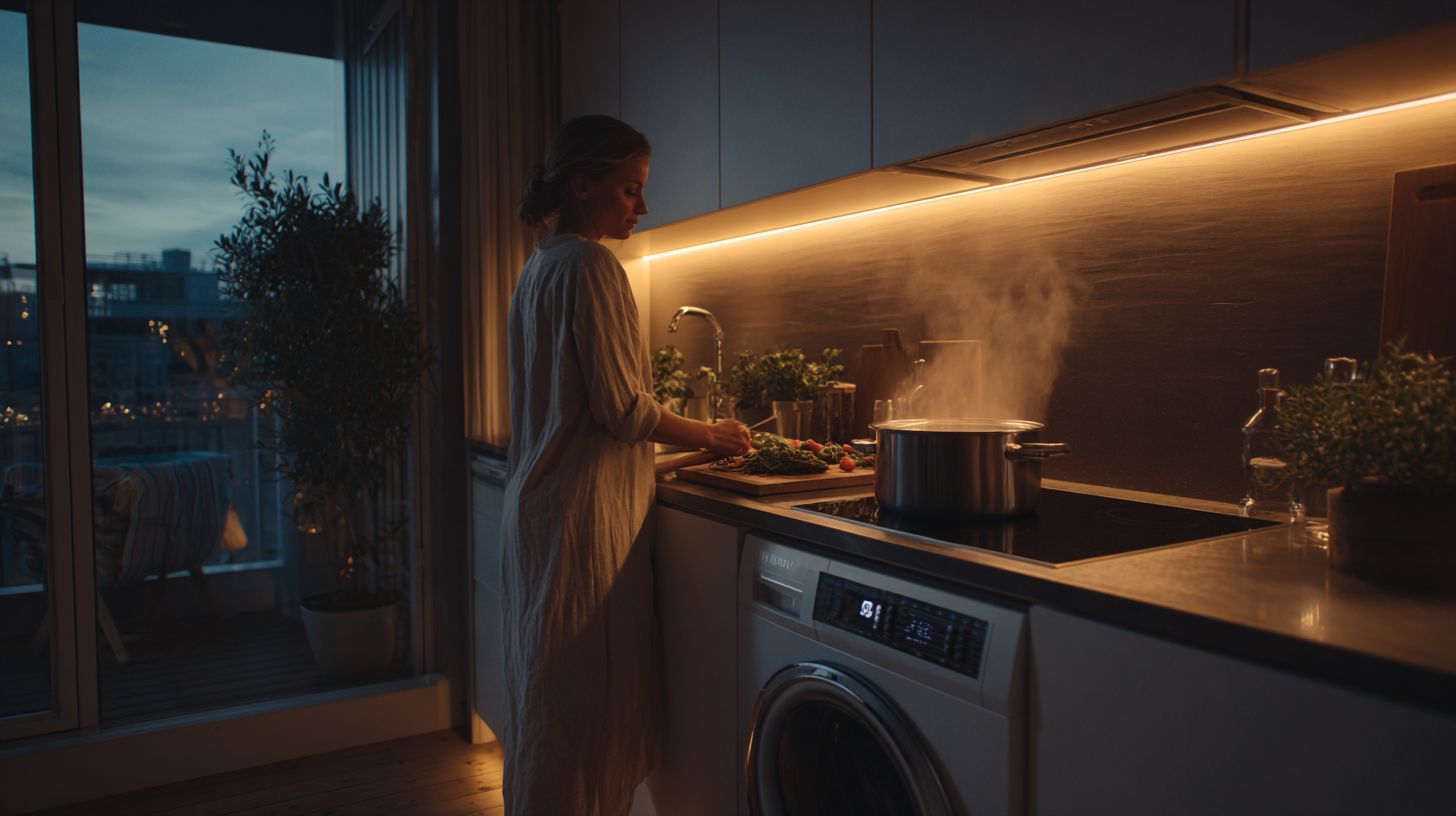 Una donna cucina in una moderna cucina italiana dall'atmosfera soffusa. In primo piano una lavatrice Telefunken silenziosa integrata nel mobile, illuminata da una calda luce LED sottopensile.