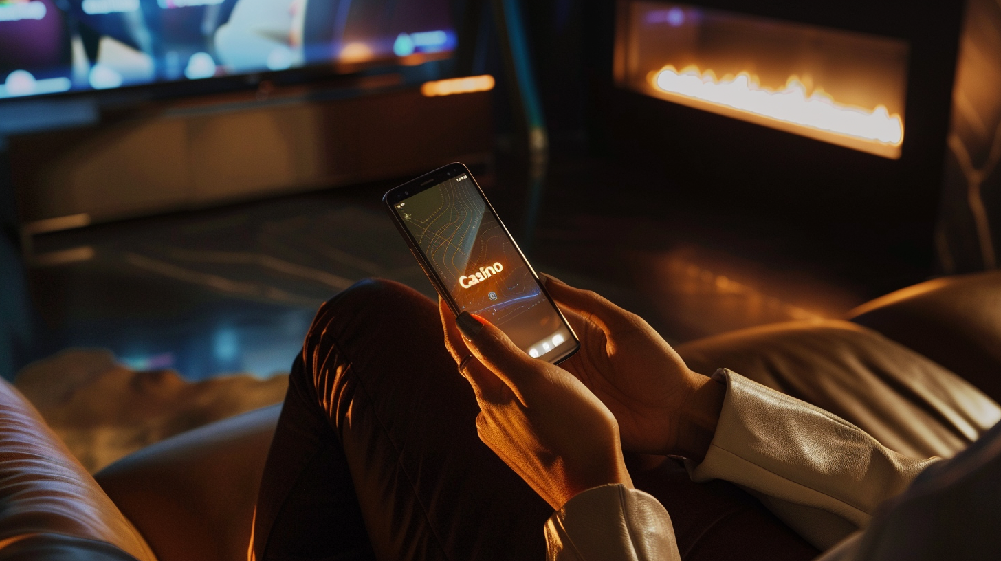 Primo piano di mani che tengono uno smartphone con un'interfaccia di gioco online luminosa in un soggiorno buio e accogliente; sullo sfondo sfocato si intravede l'atmosfera di un home cinema serale.
