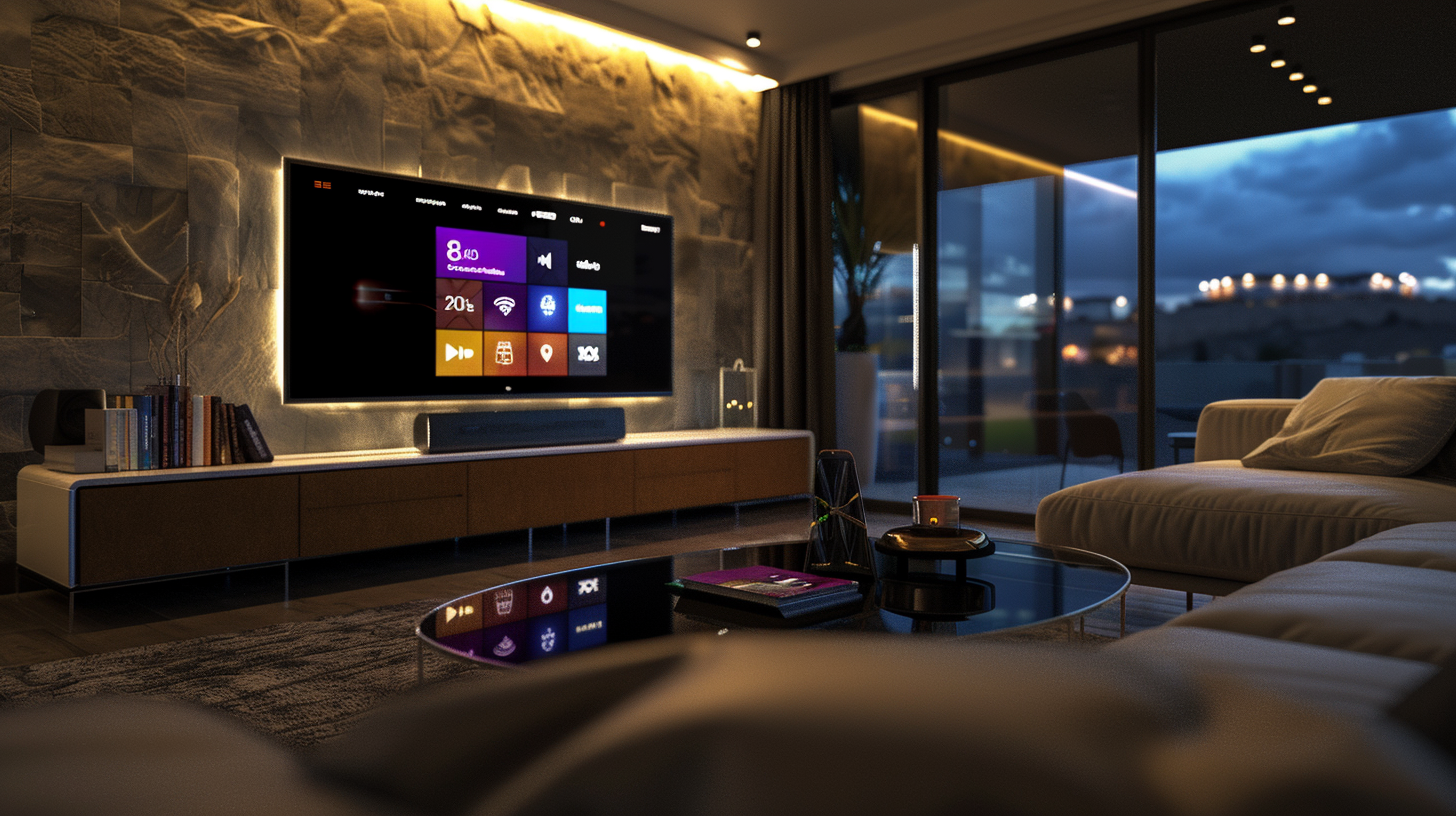Un elegante soggiorno moderno di notte con una grande Smart TV montata su una parete in pietra retroilluminata, una soundbar sottostante e un tavolino in vetro che riflette le luci soffuse dell'ambiente.