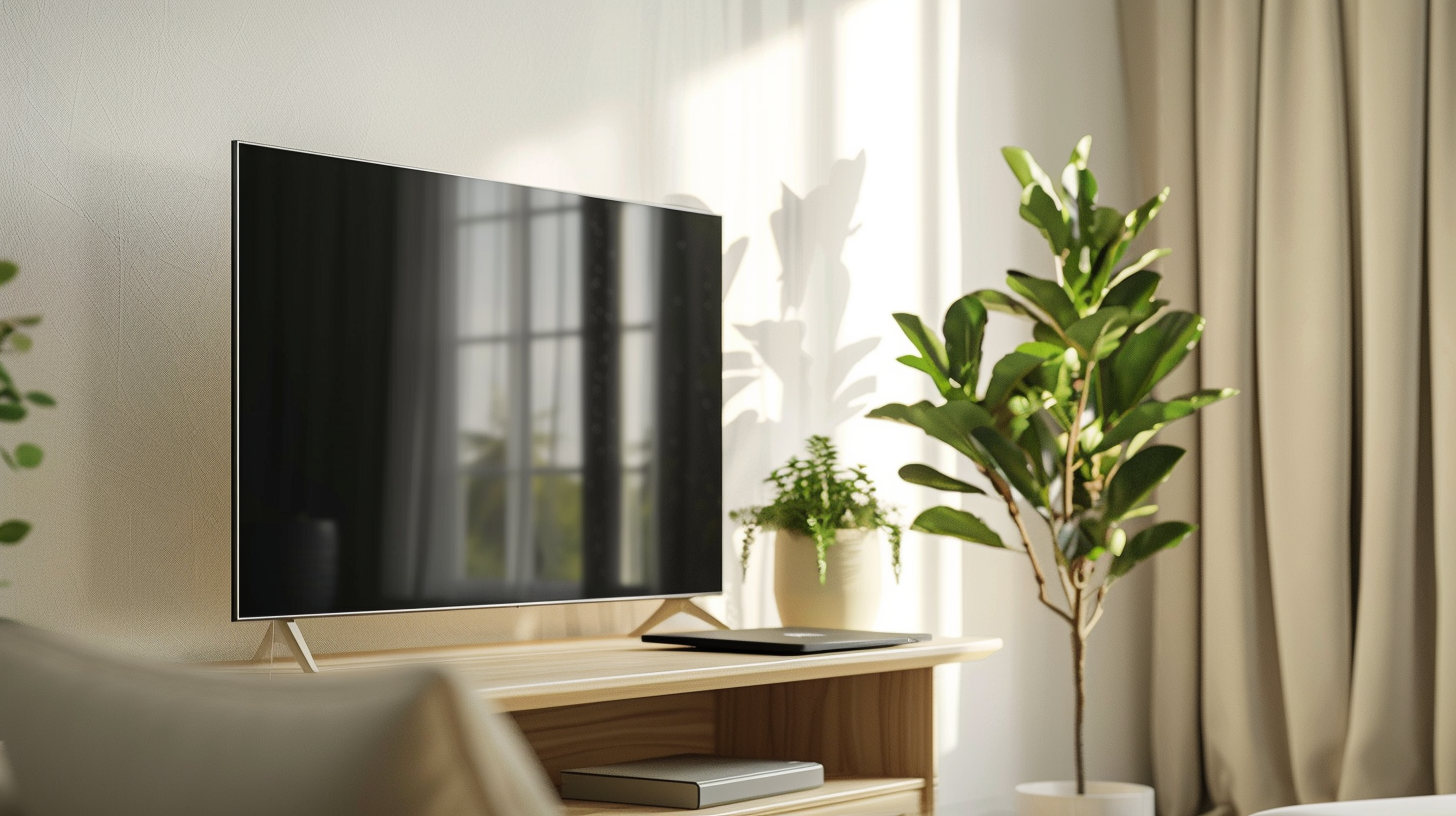 Interno di un soggiorno moderno con una Smart TV a schermo piatto posizionata su un mobile in legno chiaro; la stanza è inondata di luce naturale che crea giochi di ombre eleganti sulla parete bianca, completata da piante verdi ornamentali.